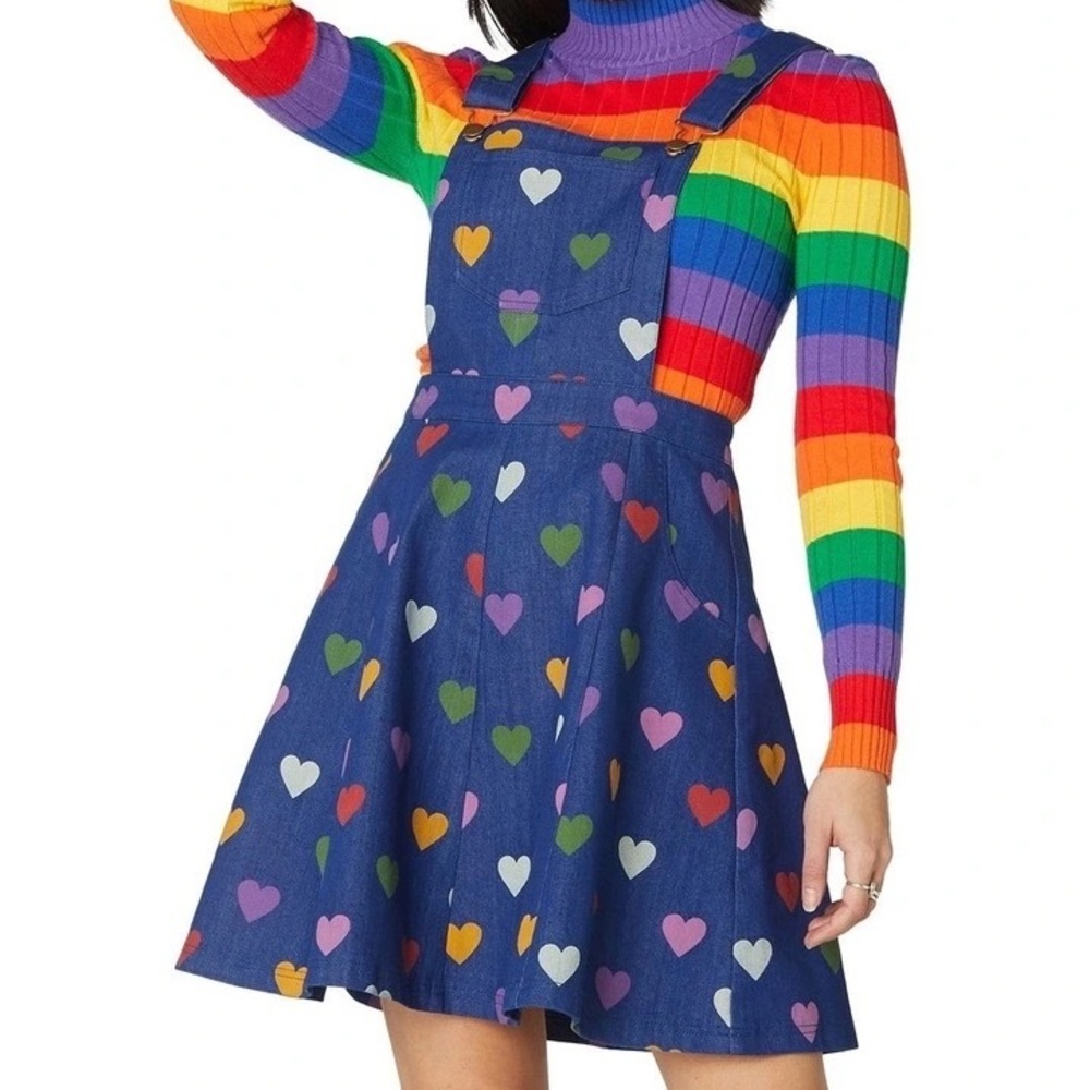 Dangerfield Skipped a Beat Pinafore Dress Rainbow Hearts Denim Size UK 18 USA 14